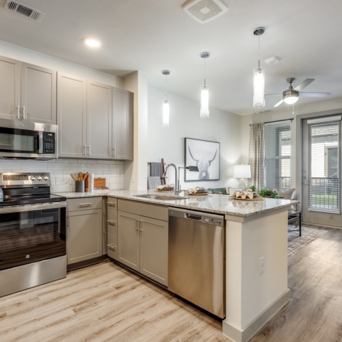 Kitchen with brown wood floors and grey cabinets