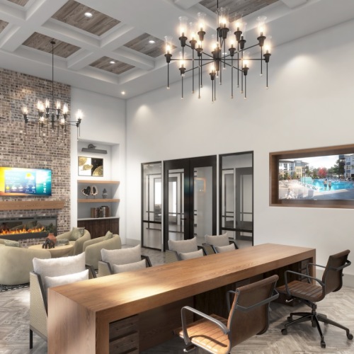 a room with a table, chairs and seating area with a tv and fireplace