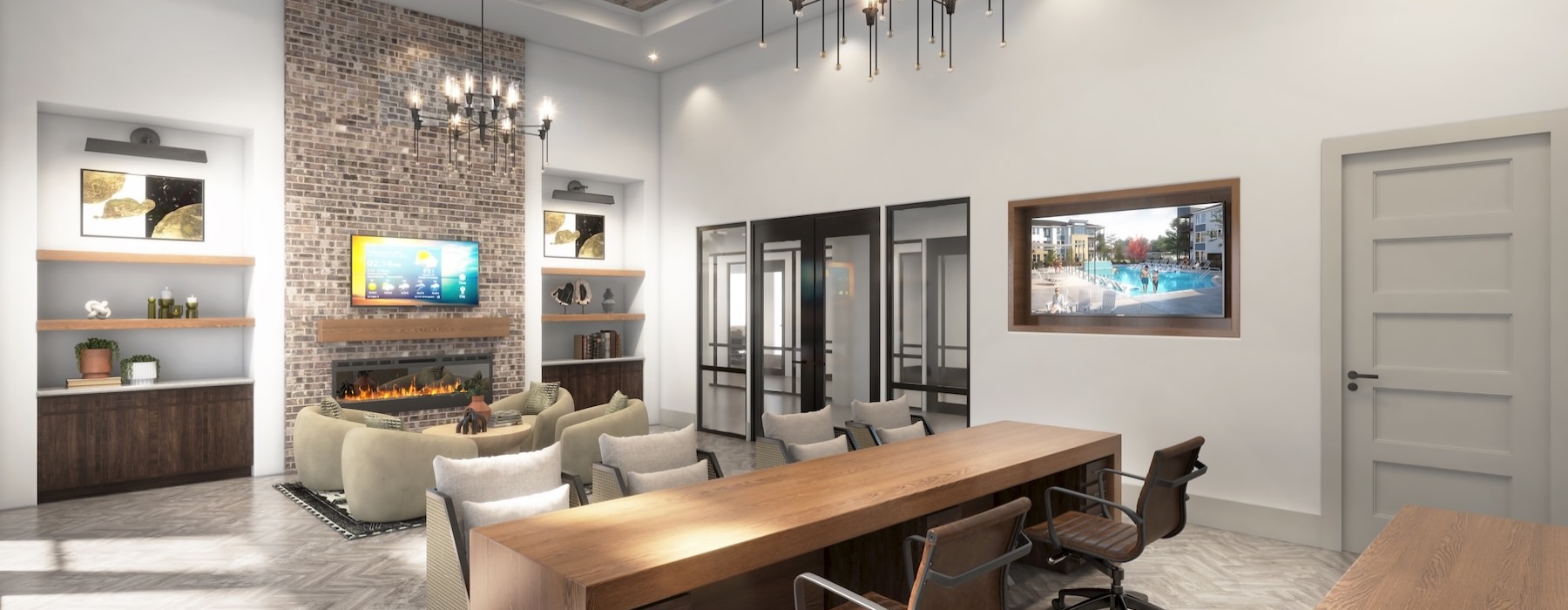 a room with a table, chairs and seating area with a tv and fireplace